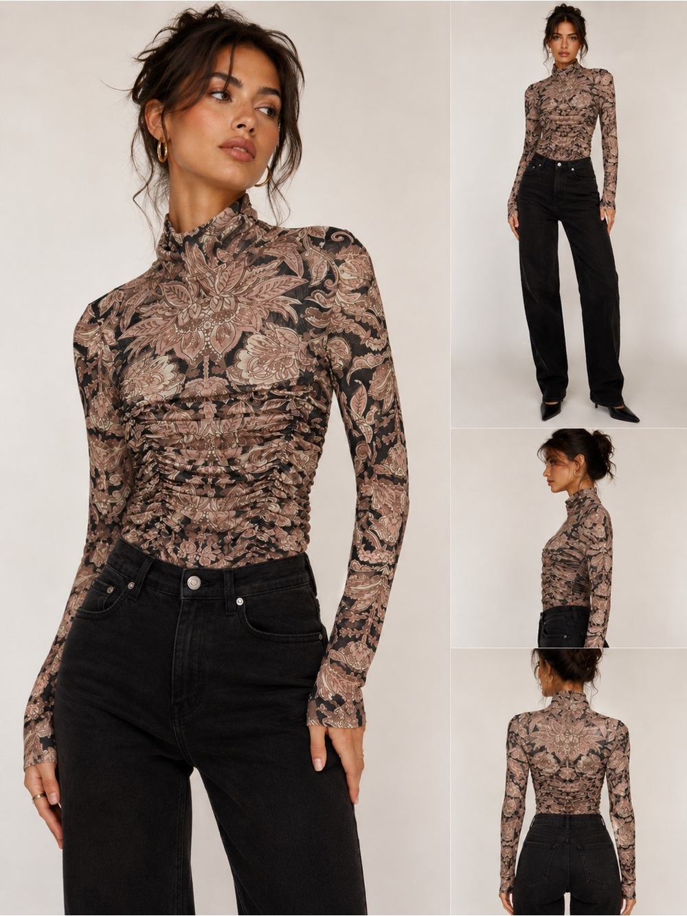 Free People-Floral Ruched Long-Sleeve Mock Neck Top - Taupe/Black